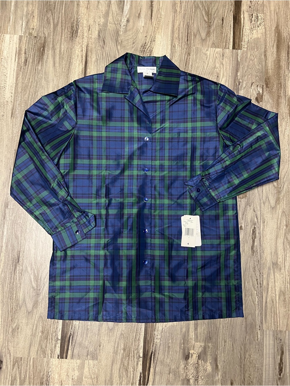 NWT Vintage Rena Rowan 100% Silk Blouse 4 Black Watch Plaid Carnival Blue Green